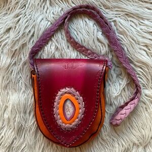 Wilderness Vintage Purple Orange Leather Braided Strap Agate Stone Crossbody Bag